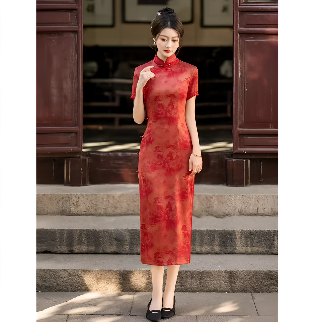 红黛新中式旗袍中国风修身敬酒服新娘订婚礼服日常可穿女士