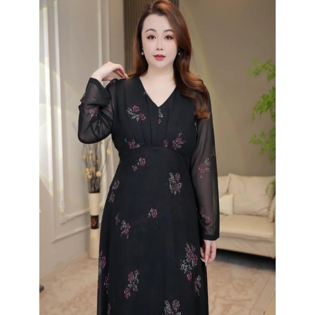 【宇宝】法式玫瑰复古长袖长裙气质显瘦收腰遮肉大码连衣裙