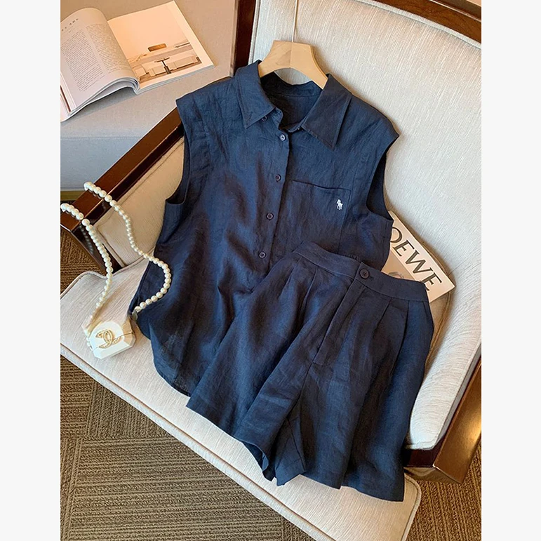 藏青色时尚套装女夏季新款高级感气质显瘦衬衫上衣背心短裤两件套