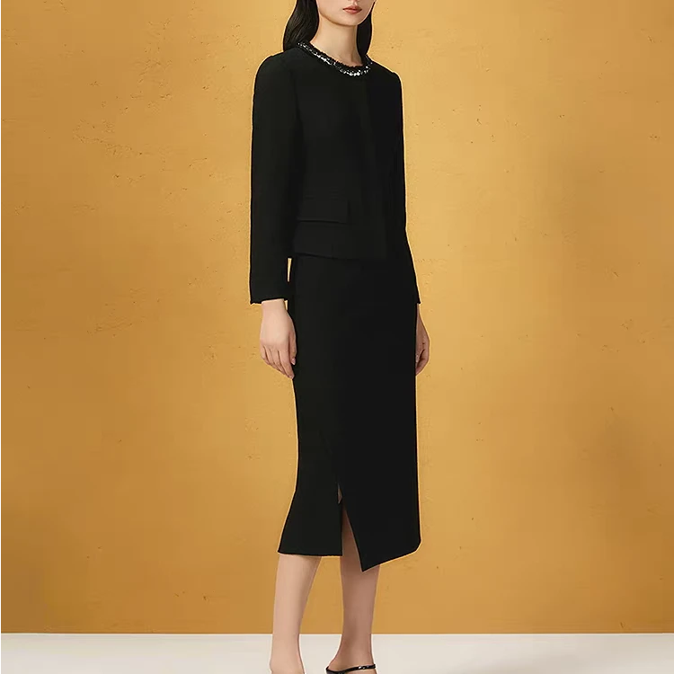 【歌】套装显瘦气质长袖时尚黑色开叉修身包臀