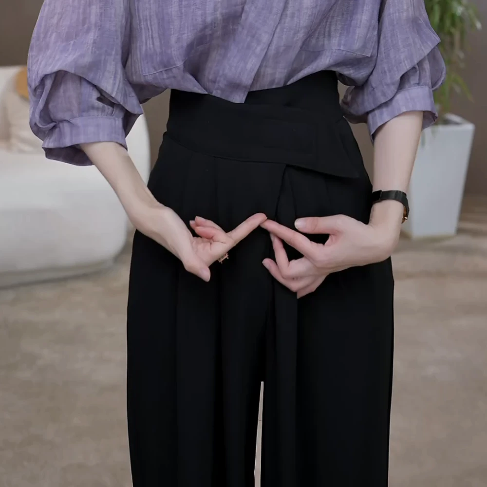 B夏季新款高腰显瘦垂感休闲裤女气质百搭长裤黑色女士简约时尚