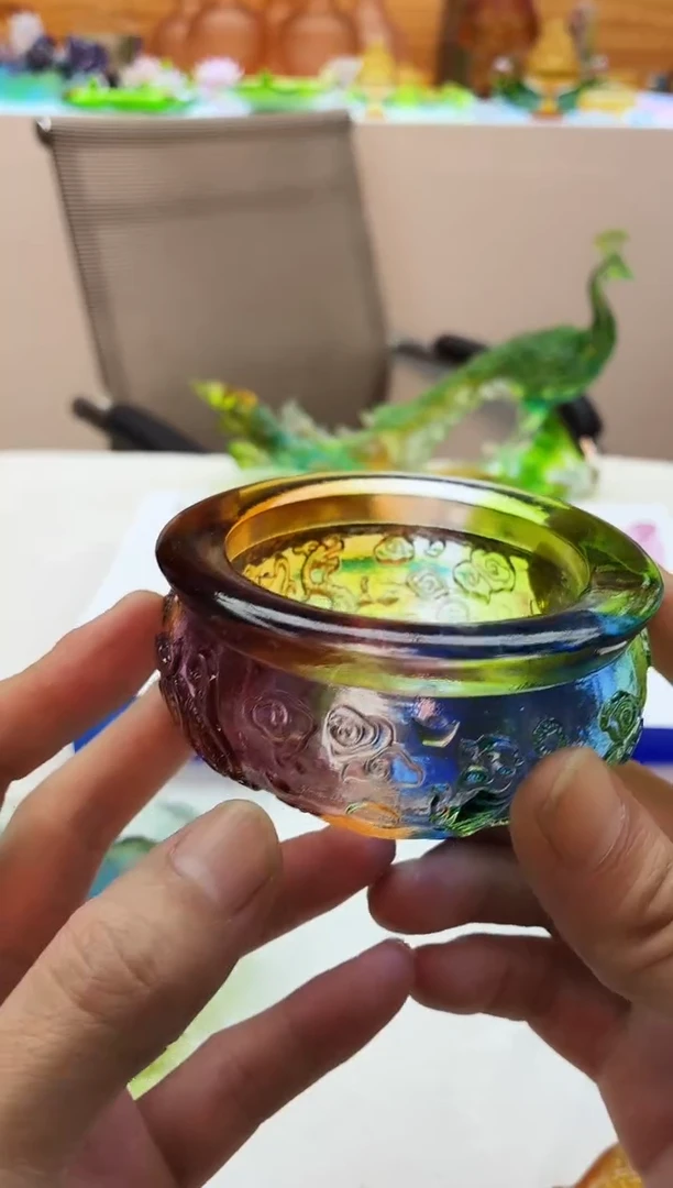 手工艺品琉璃彩色四神兽聚宝盆10*5公分