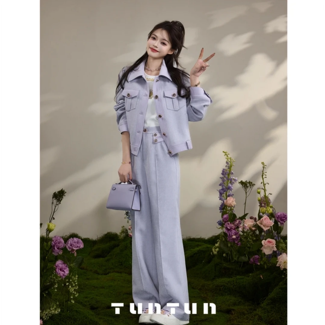 3月2上新【莫奈展】时髦袋盖设计浅紫直筒洋气后腰松紧长裤秋季