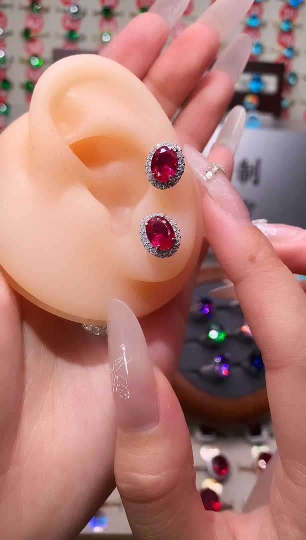 银S925镶嵌耳饰红宝石6*8 银托