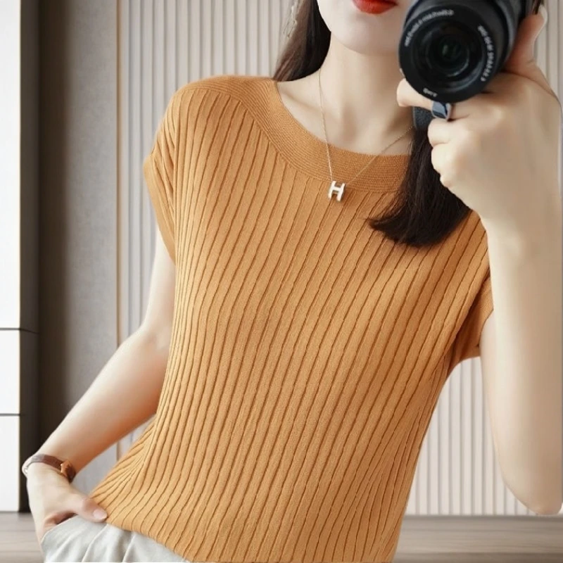 【雅岚女装】时尚洋气显瘦一字领针织短袖夏季薄款外穿百搭t恤气质