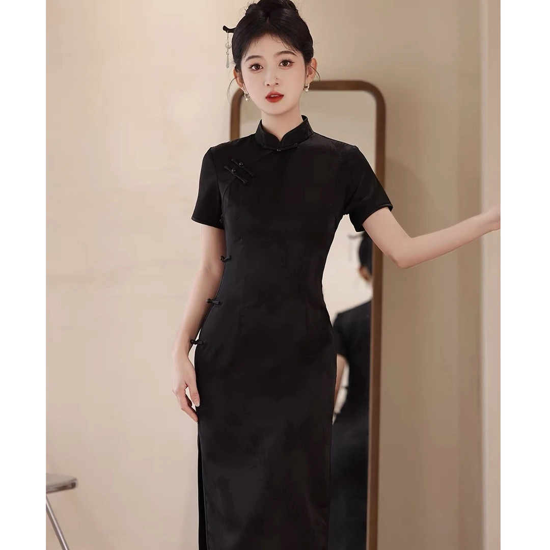 黑色旗袍2025夏季新款修身显瘦改良复古中长款小个子优雅气质纯色