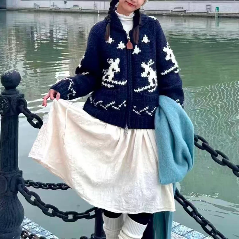 【绒梦鹿影】圣诞麋鹿软糯翻领毛衣女2025秋冬针织开衫外套.D1643