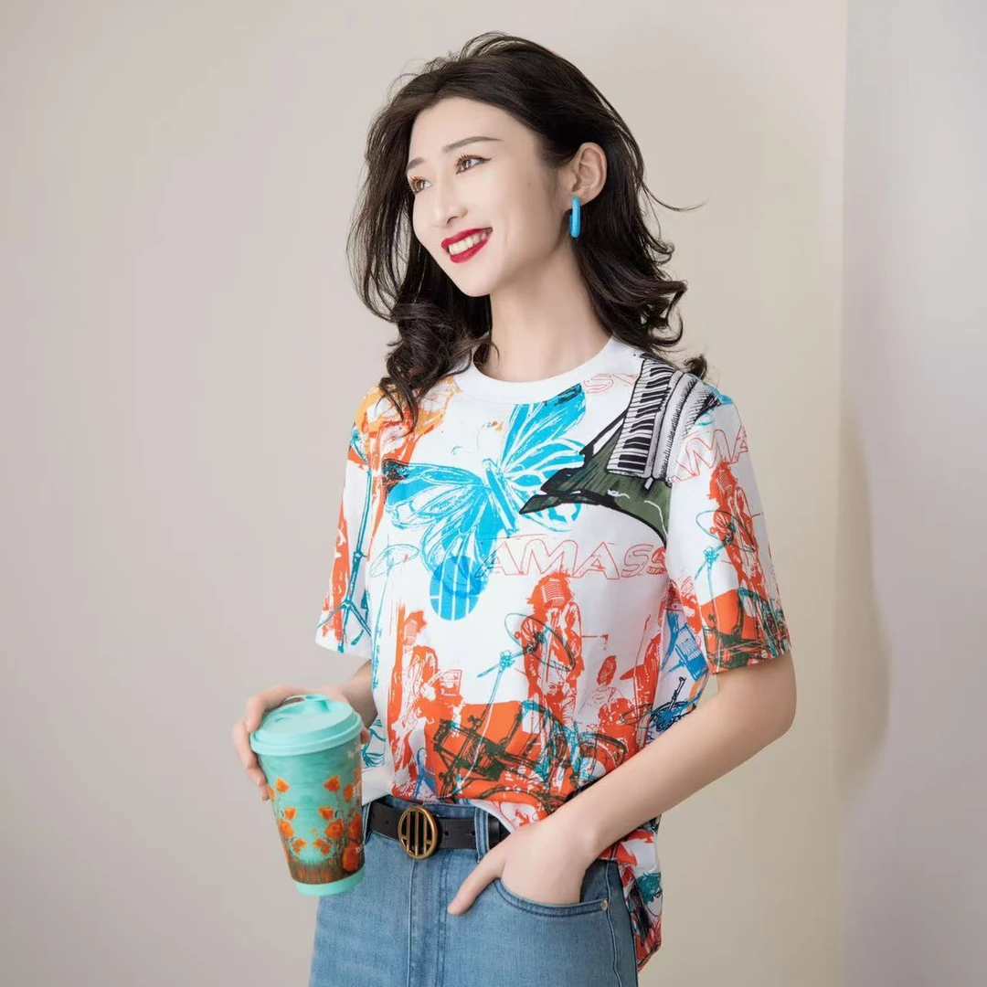 阿玛施AMASS【米兰假日】时尚百搭显瘦宽松印花T恤530092