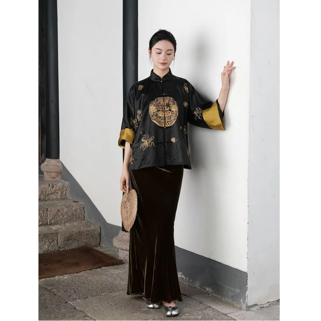 盛唐婧新中式丝绒鱼尾半裙咖色新款时尚洋气百搭女装