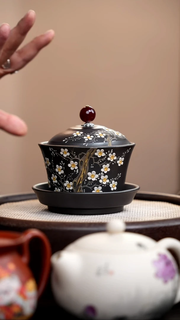 茶壶紫砂石黄白梅三才盖碗