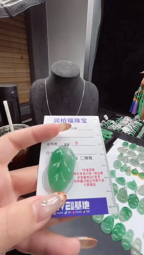 吊坠(赠链)银S925镶嵌石英质玉（非洲翠）11.144叶子