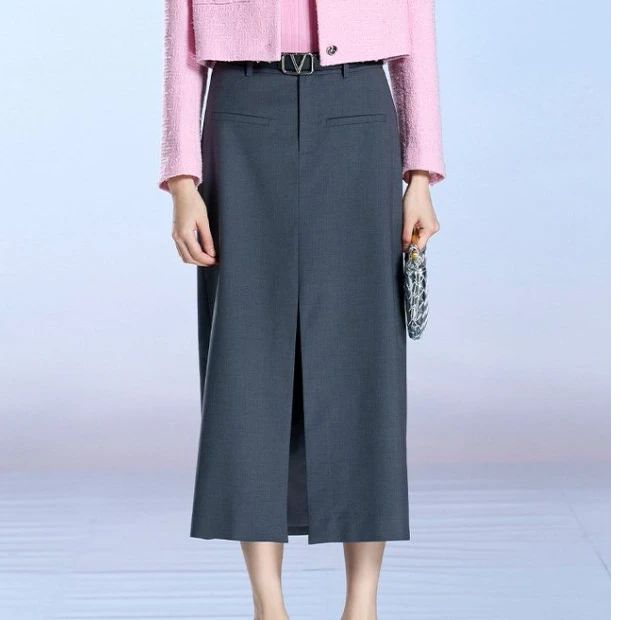 【小余专属】简约纯色高腰半身裙开叉设计垂坠感包臀长裙R4A60311