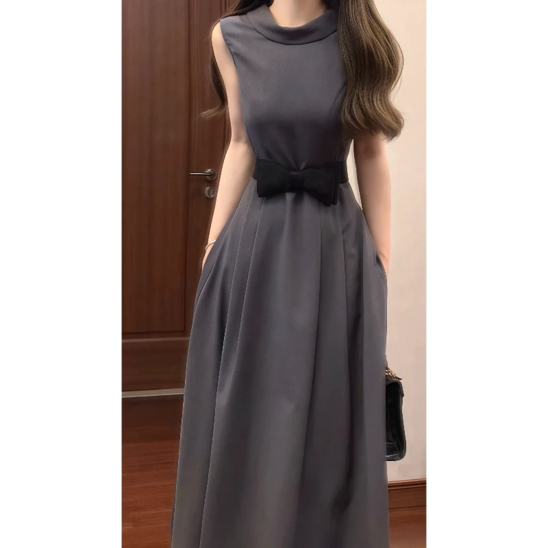 法式优雅前后两穿气质灰色连衣裙无袖蝴蝶结腰带修身显瘦长裙9538
