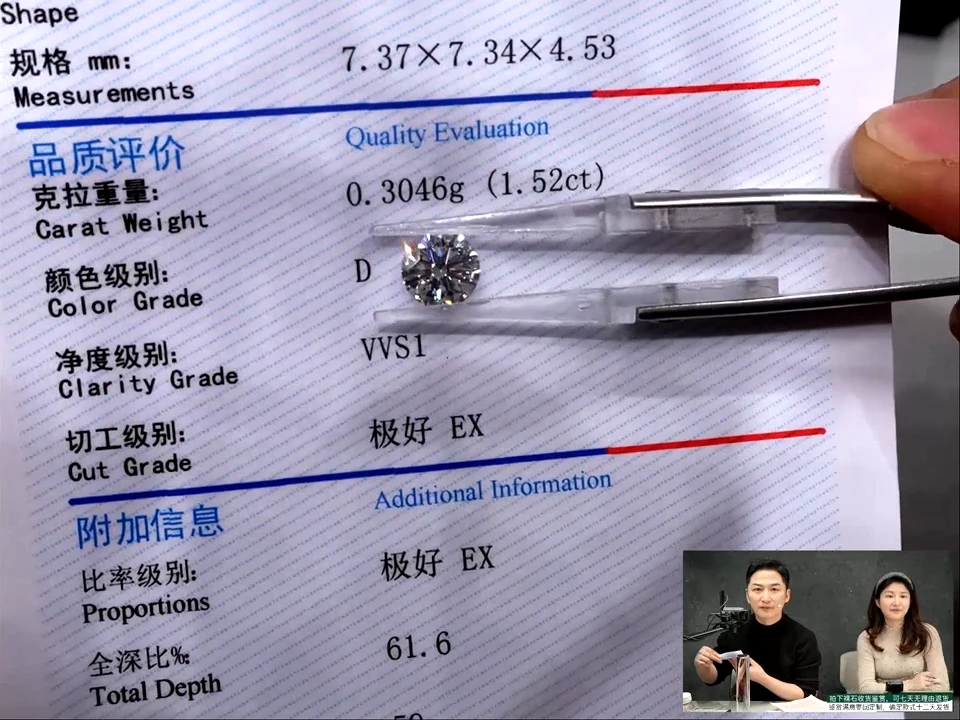 裸石实验室培育钻石动****?1.52ct裸石D色VVS1