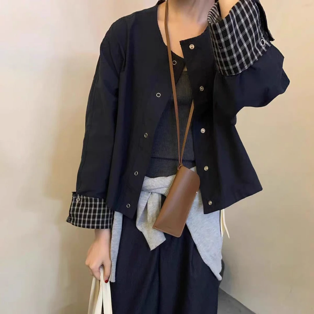 （柚子同款）ZJ秋款条绒拼接格子袖上衣66005