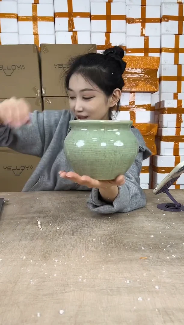 罐罐亮绿花釉14x12