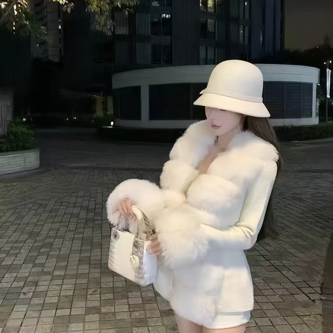 【TONG】【汉南洞夫人】韩女氛围感环保毛领修身收腰针织开衫外套