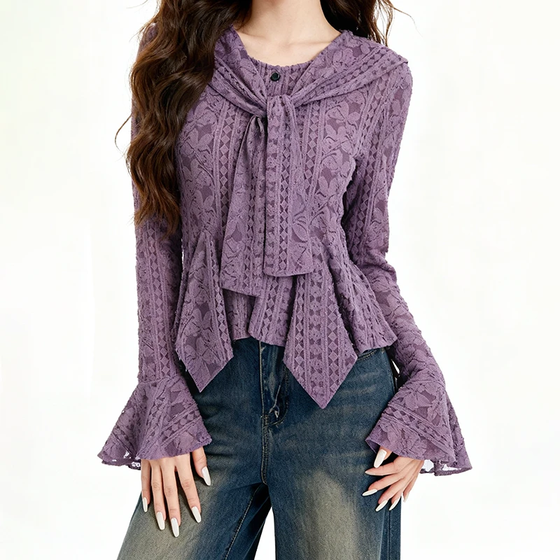 2025秋季新款 披肩系带镂空设计T恤女长袖时尚修身显瘦上衣196