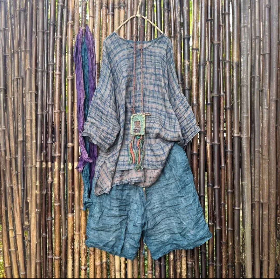 14431轻薄印花苎麻网红款衬衫V领女上衣中长袖夏日防晒遮阳衣