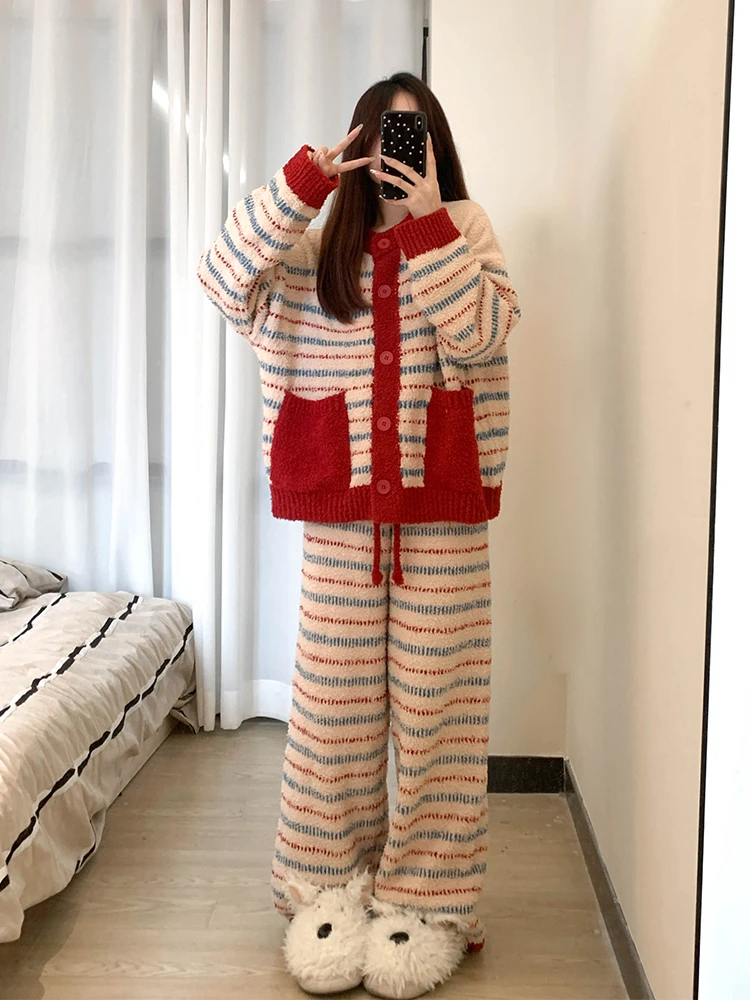 韩版少女亲肤软糯半边绒睡衣女款冬季2025针织开衫长裤家居服套装