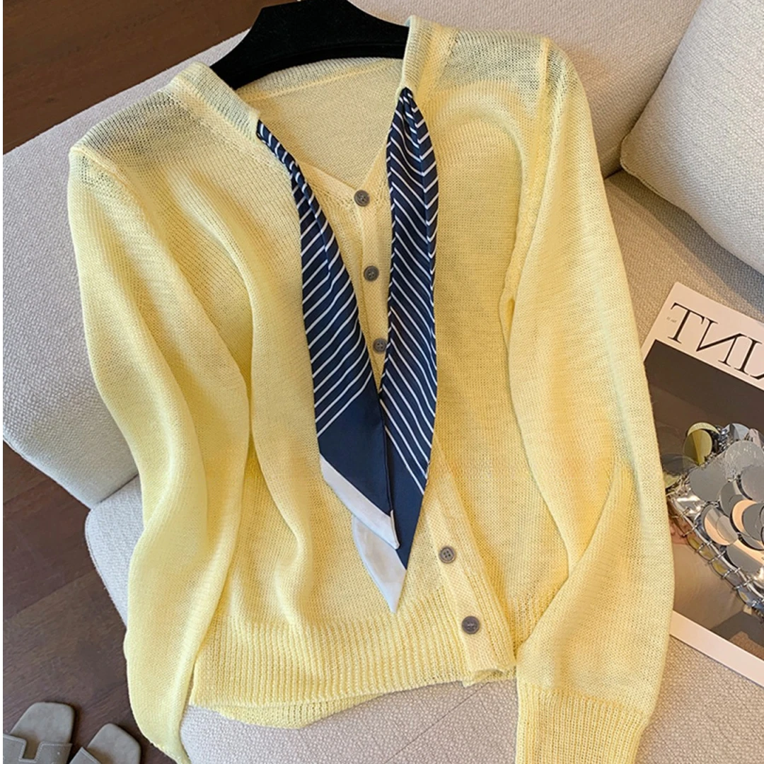 简约百搭条纹丝巾针织开衫女2025年早秋新款清新时尚舒适外套上衣