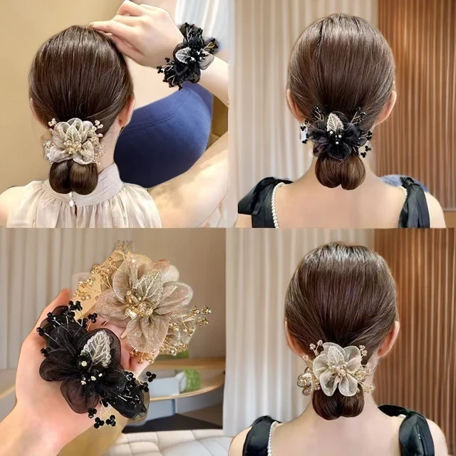 精致欧根纱米珠太阳花发圈头绳头花铂思亚饰品女扎头发高级感头饰