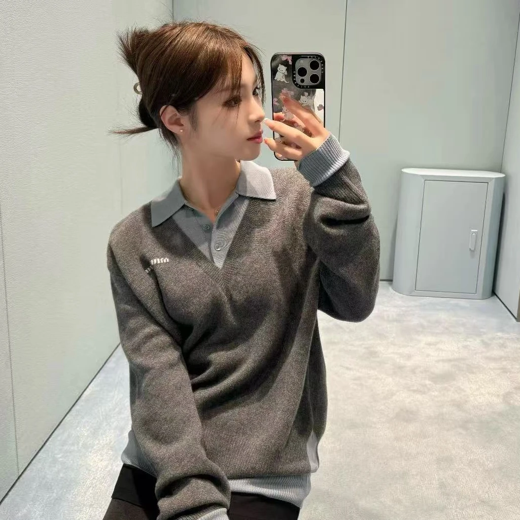 未使用 MIU MIU/缪缪 徽标翻领长袖Polo针织衫