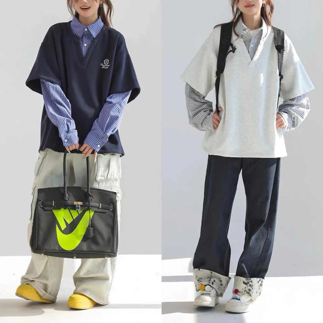 男女学院风美式miu系百搭格子拼接假两件卫衣衬衫领polo长袖上衣