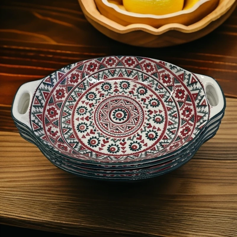 釉下彩陶瓷餐具双耳盘子菜盘高颜值北欧餐盘双耳蒸鱼盘家用防烫
