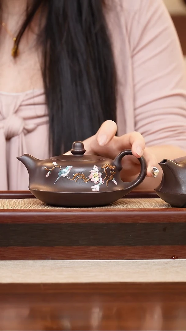 紫泥点彩花鸟曲壶260cc宜兴紫砂壶