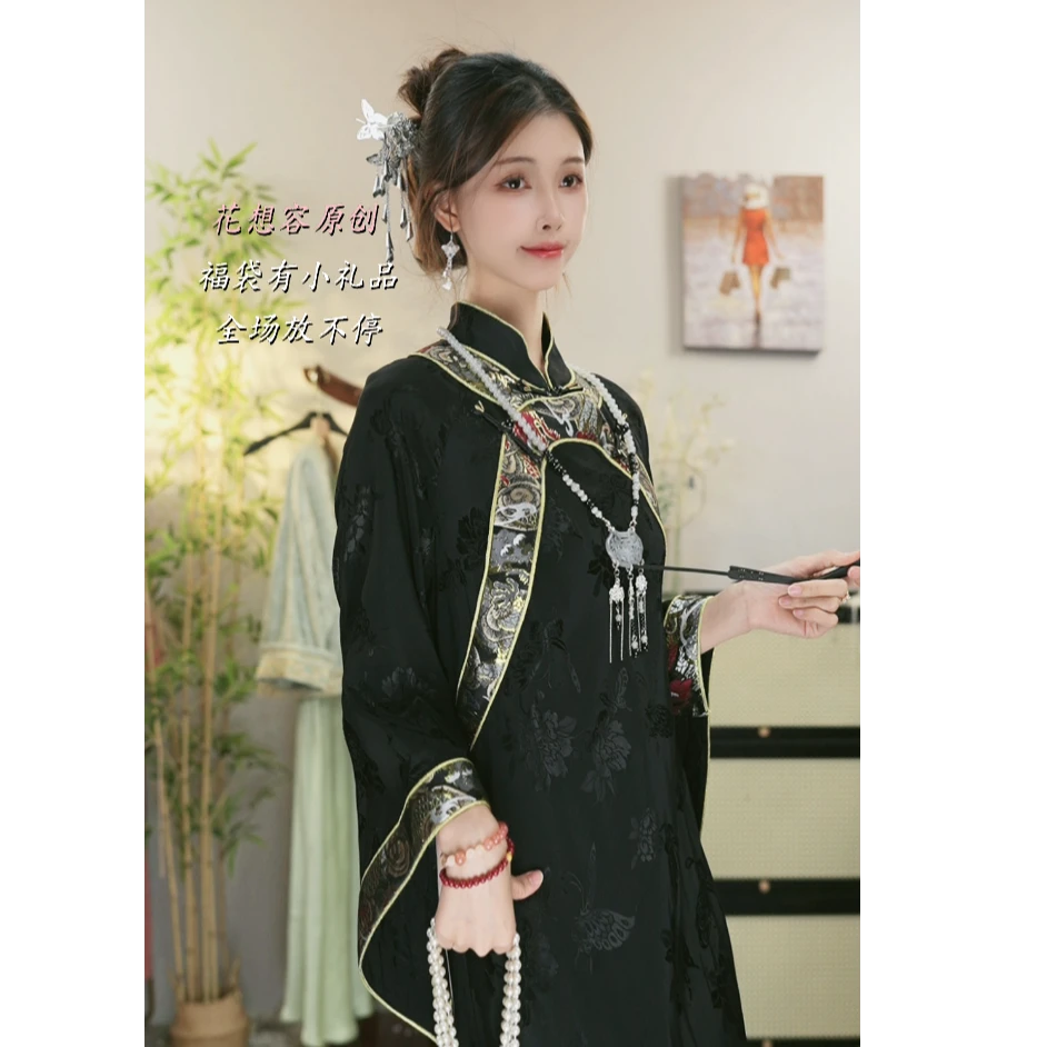 花想容2025夏季显瘦气质新中式黑色复古连衣裙6599