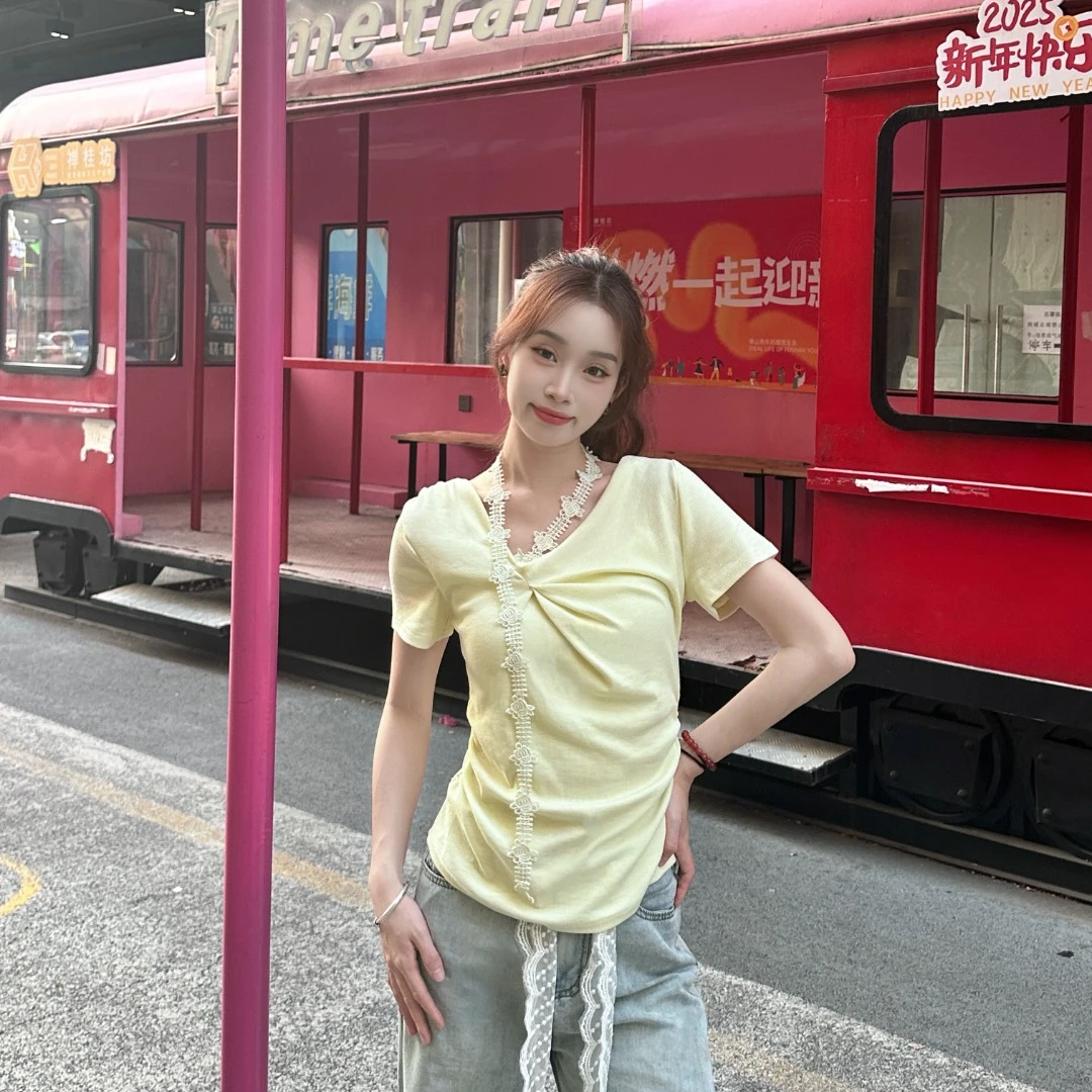 法式钩花飘带短袖T恤女夏季时尚气质显瘦百搭掐腰短上衣