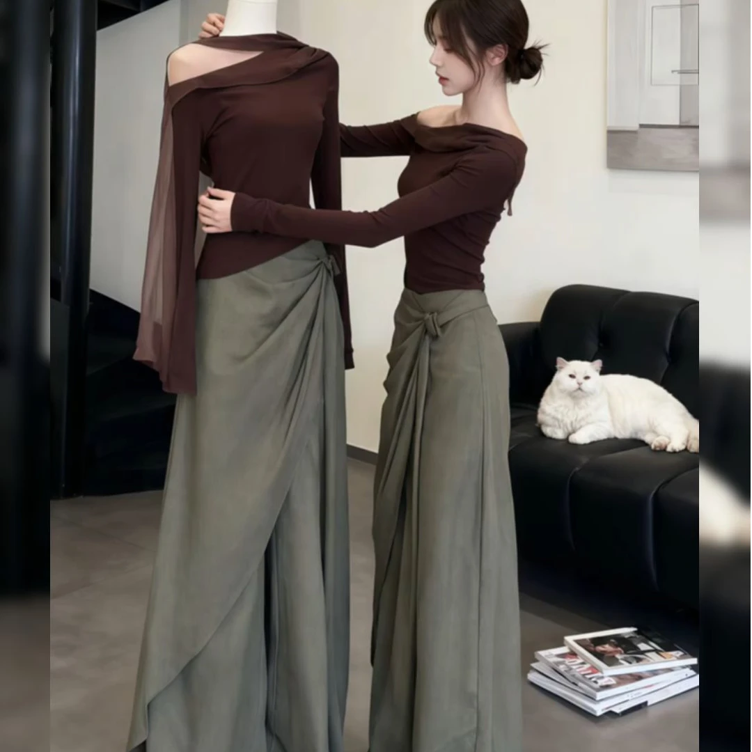 复古美拉德修身显瘦针织衫不规则垂感西装阔腿长裤套装女2025秋季