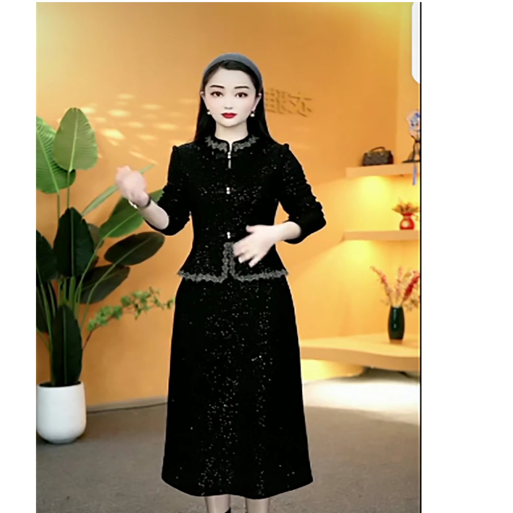 春秋新款妈妈装刺绣花边假两件连衣裙洋气满天星中式过膝裙2525