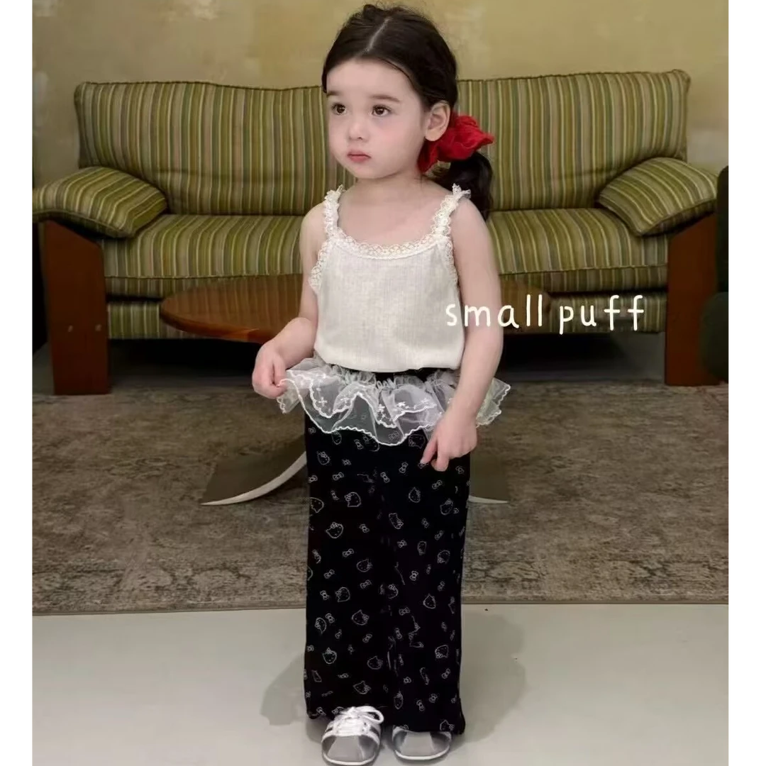 女童春夏新款背心套装洋气蕾丝花边裤女宝宝背心吊带上衣两件套