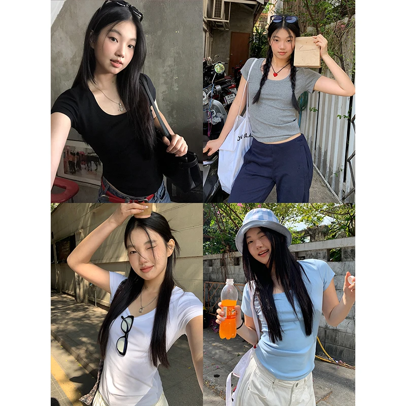 【马卡龙】夏季纯色修身百搭短款辣妹紧身韩版ins薄款T恤251V0028#