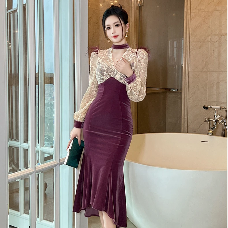 2025新款女装气质时尚V领蕾丝拼接收腰修身鱼尾连衣裙20982