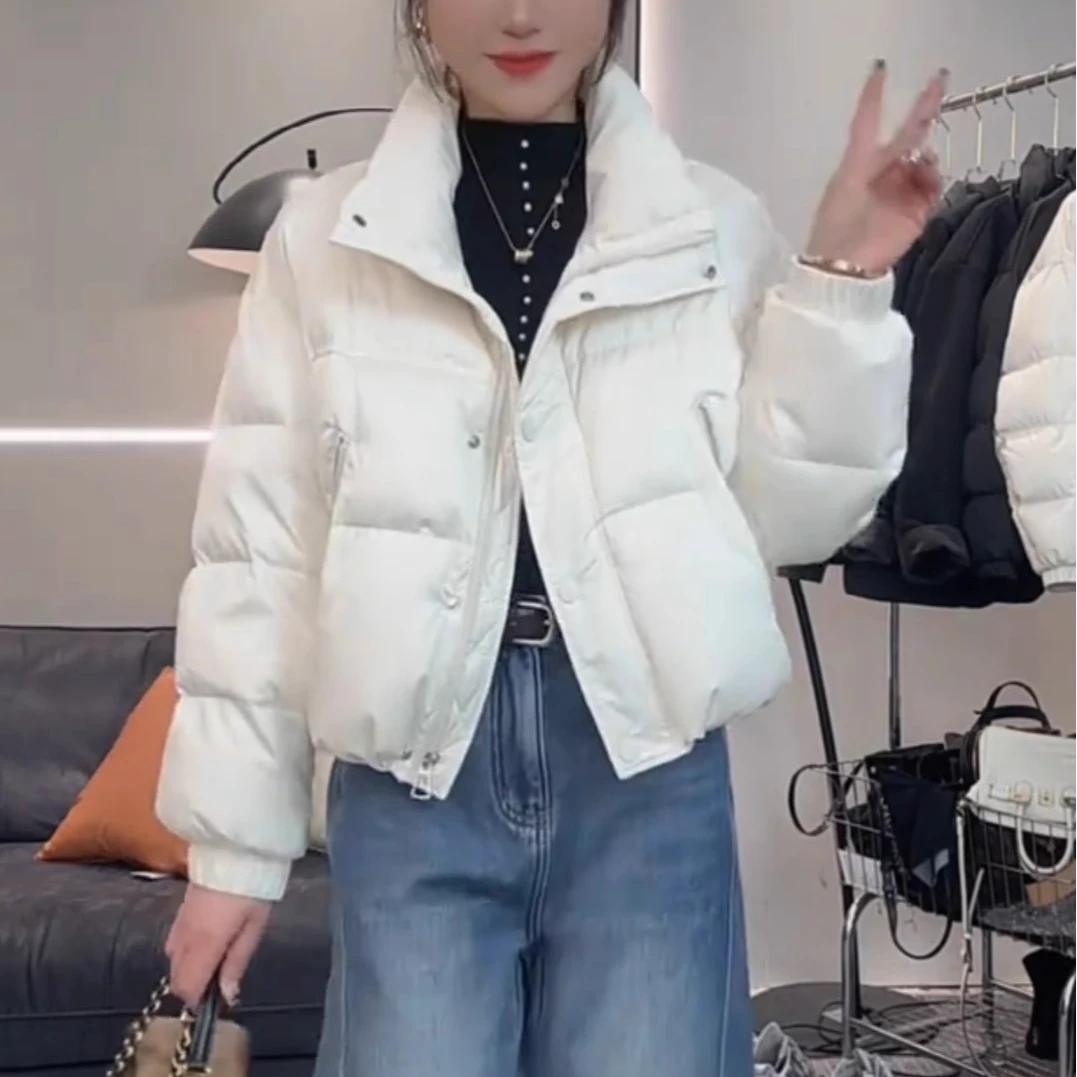 2024冬新款韩版简约白色立领羽绒棉服女宽松显瘦百搭减龄短外套潮