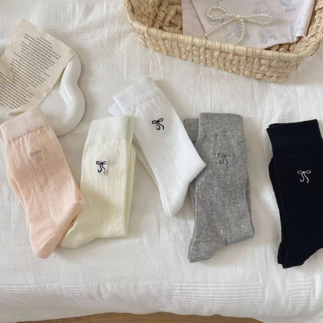【5双装】蝴蝶结袜子薄款白色堆堆袜
