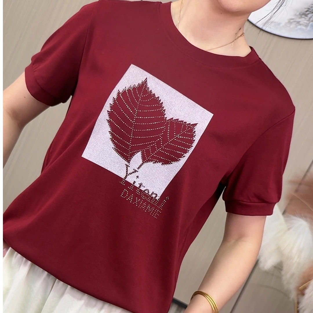 2025款圆领短款烫钻短袖拼接常规款T恤时尚宽松红色休闲洋气半袖