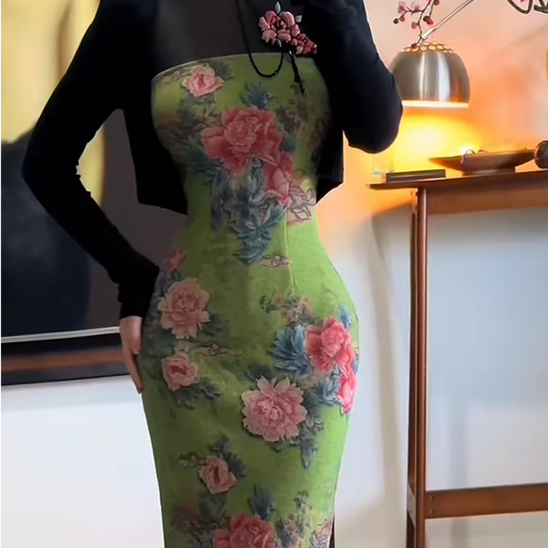 新中式改良性感旗袍拼接连衣裙  花间令