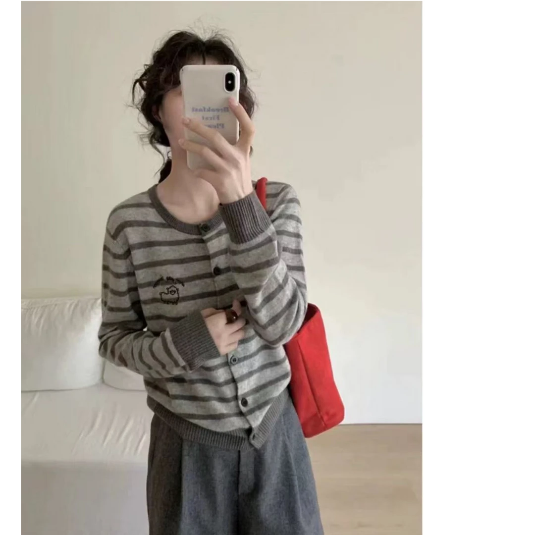 【专属】高级灰~春秋小羊提花条纹宽松开衫蓬松软糯毛衣圆领针织衫