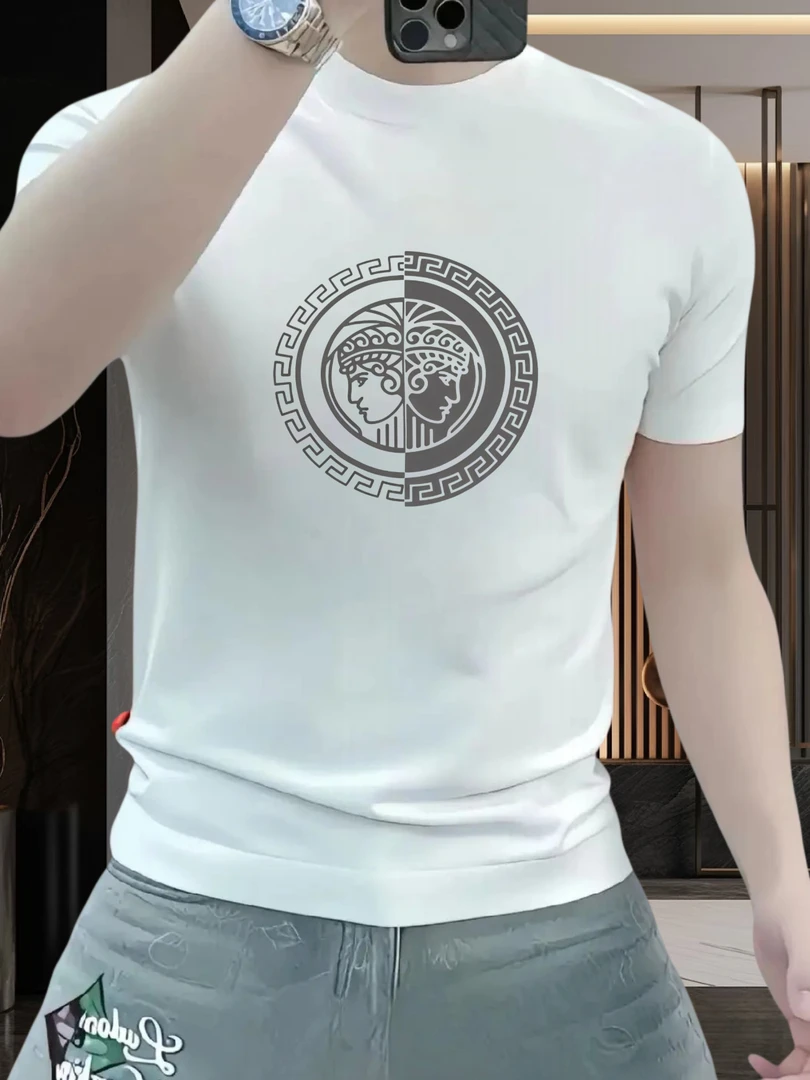 夏季新款修身弹性重磅T恤轻奢百搭男士圆领短袖透气大码印花上衣