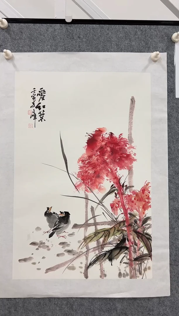 国画李文峰四尺三开花鸟作品