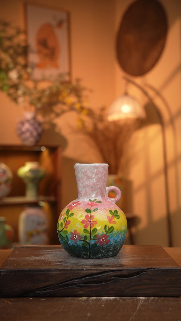 景德镇青绿艺术感插花装饰陶瓷立体设计师款四色桃花天球033