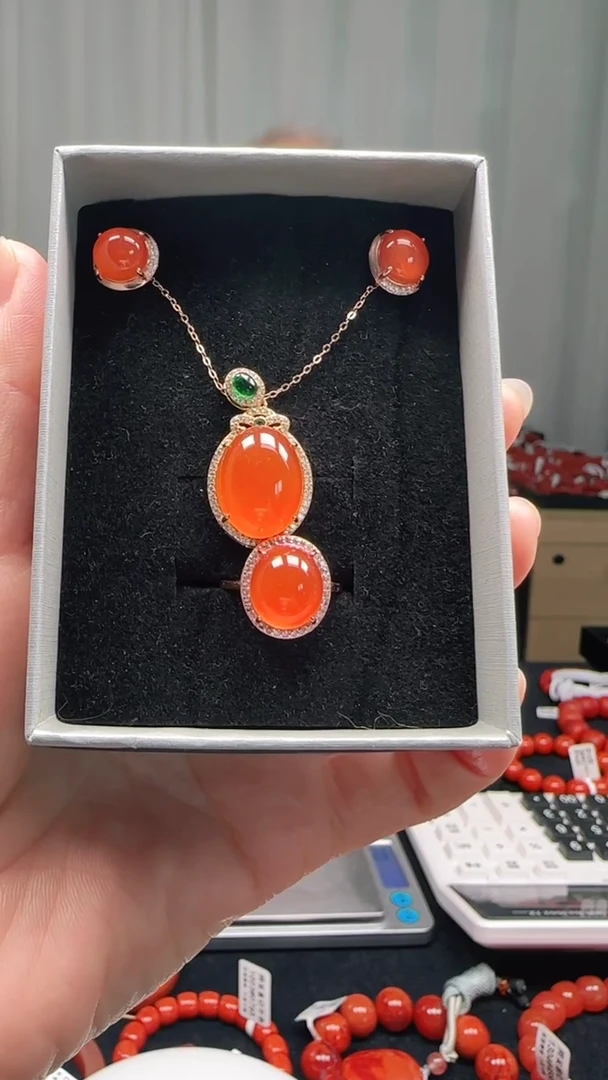 银S925镶嵌多样性发一件南红玛瑙保山三件套冰橙