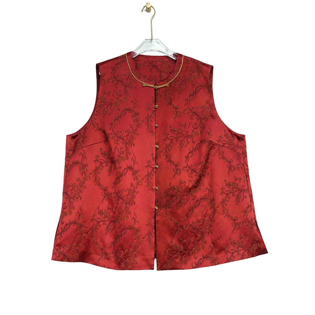 "新年马褂“大码50姆米对花皮子香云纱小圆领手工钉扣马甲开衫8853