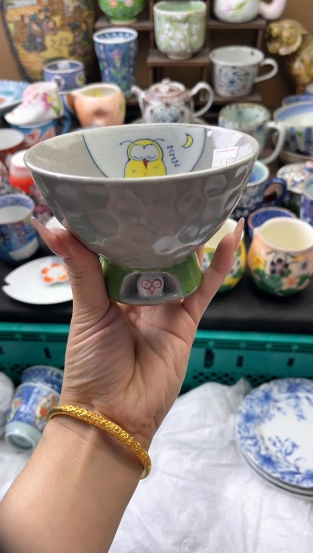 瓷片猫头鹰洞雕手作手绘高足小碗