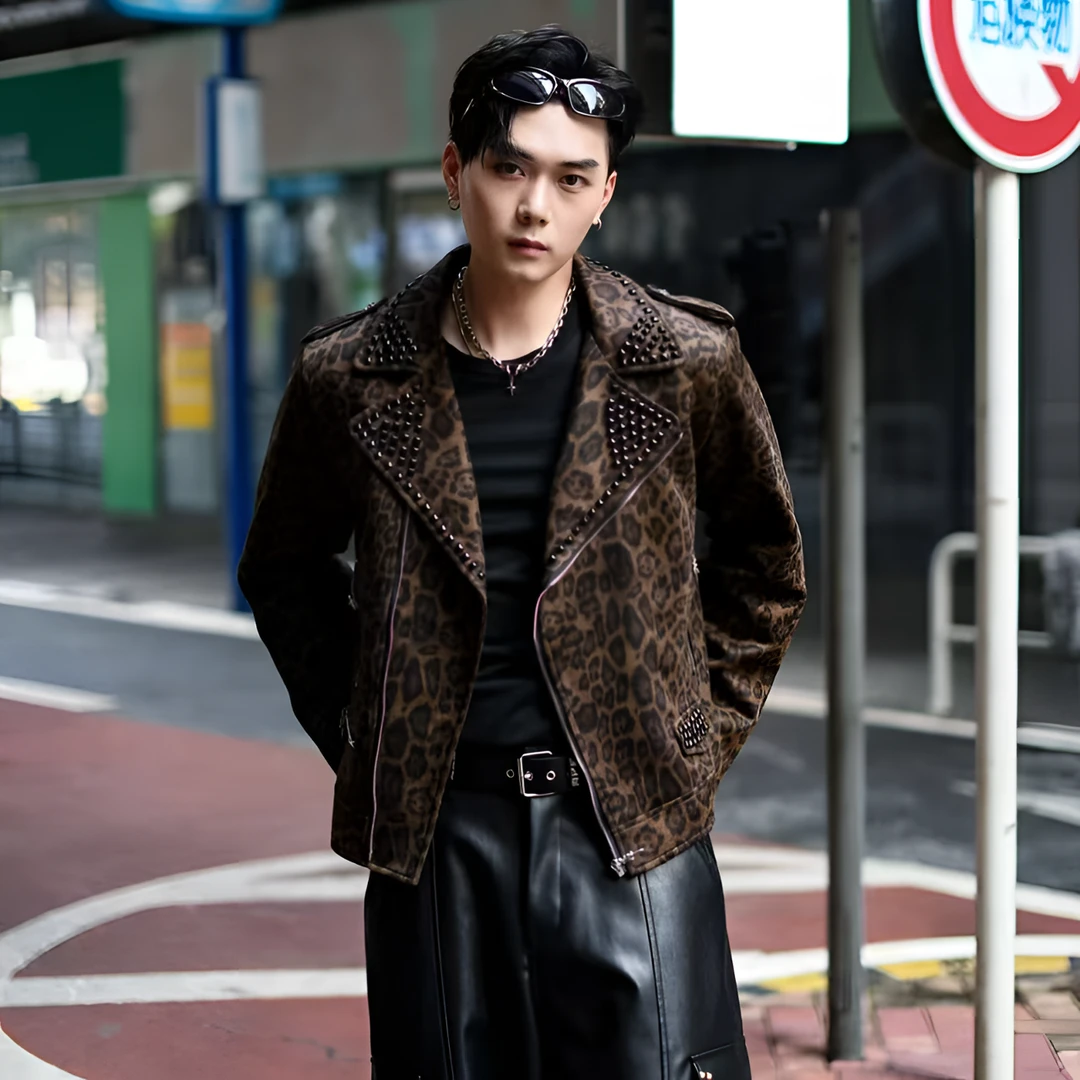 FLD定制25秋季新款潮流休闲翻领时尚修身豹纹男皮衣8035-5 8035-6