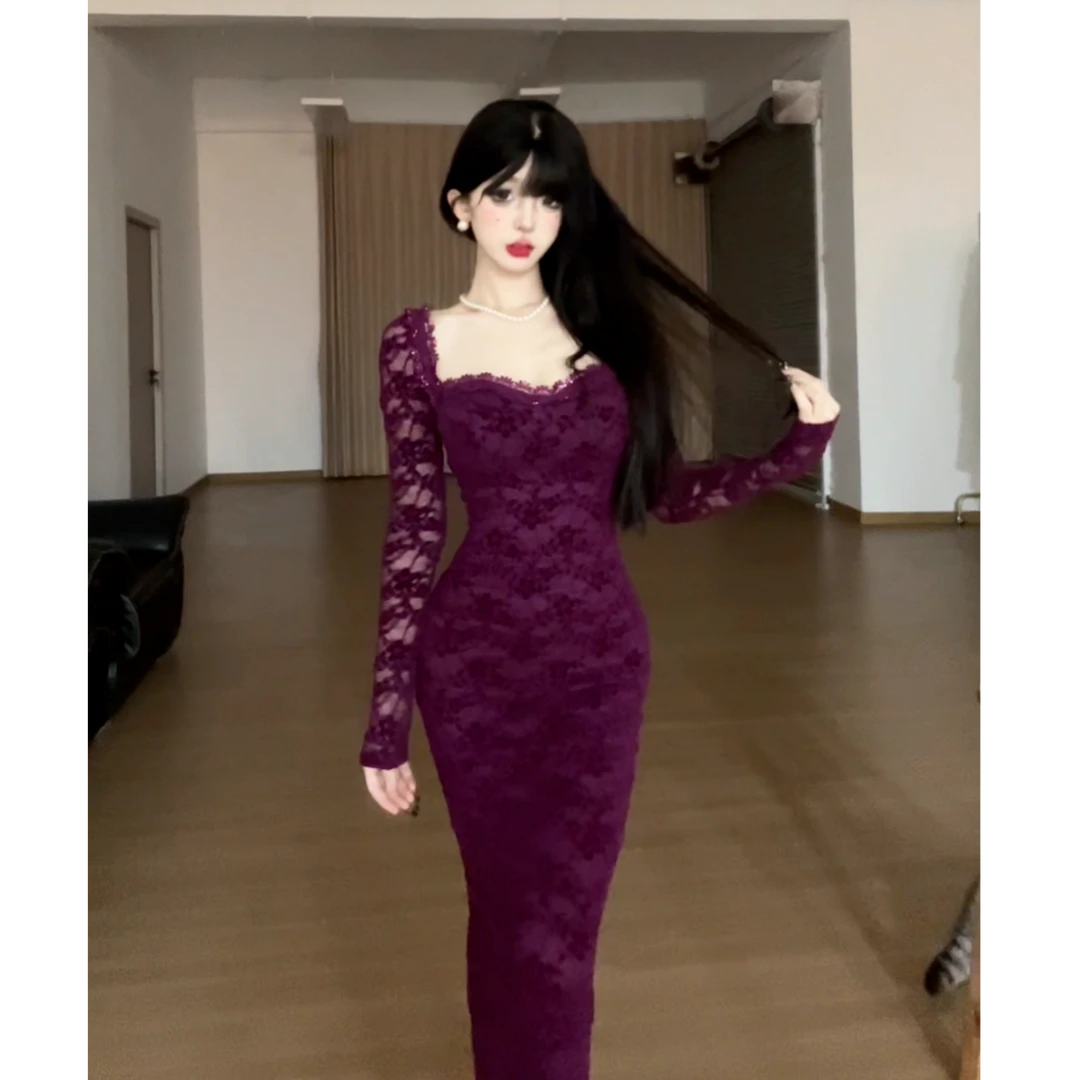 【小洋家】不可机洗（彼岸花）蕾丝边方领纯欲性感长裙-SXYSX406747